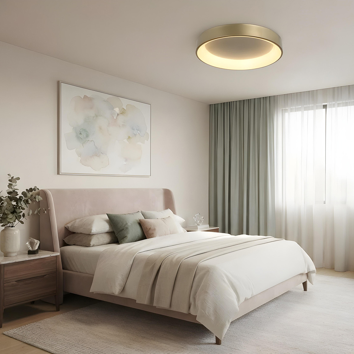 Plafon Georgia złoty LED CCT Light Prestige – widok lampy sufitowej w aranżacji salonu.