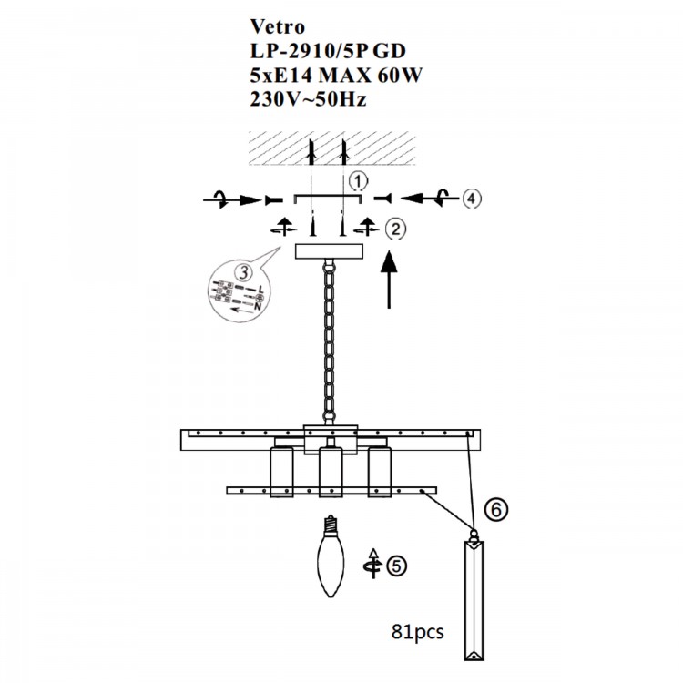 Lampa wisząca Vetro 5 antyczne złoto 5xE14 - 4660